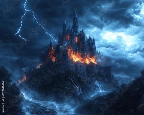 A dark and foreboding castle sits atop a rocky cliff, ablaze with fire and lightning strikes as stormy clouds rage above.