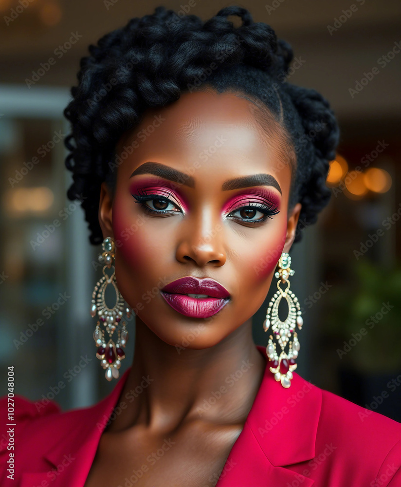 Portrait of an elegant woman in a burgundy dress, showcasing bold makeup and striking earrings. The urban background adds a contemporary touch to this stylish outdoor scene.
Portrait of an elegant woman in a burgundy dress, showcasing bold makeup and striking earrings. The urban background adds a contemporary touch to this stylish outdoor scene.