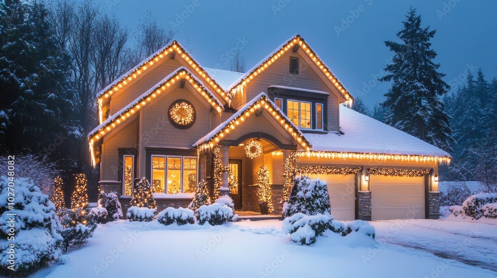 Snow-covered house with bright Christmas lights outlining the roof and windows, night sky in the background, clean background--C100 Snow-covered house with bright Christmas lights outlining the roof and windows, night sky in the background, clean background--C100