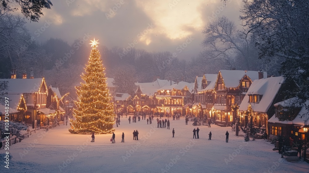 Snow-covered village square with a large Christmas tree and people enjoying the holiday spirit, clean background--C100 Snow-covered village square with a large Christmas tree and people enjoying the holiday spirit, clean background--C100