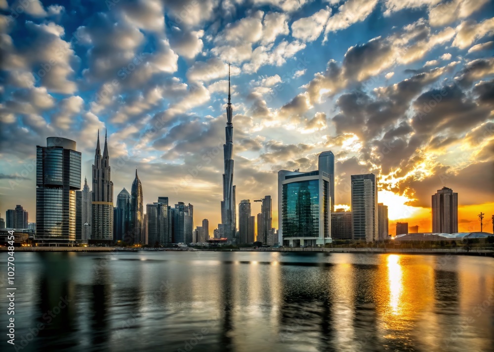 Fototapeta premium Sunset Light Over Dubai Downtown Bay Panorama Timelapse - Surreal Photography of UAE's Iconic Skyline