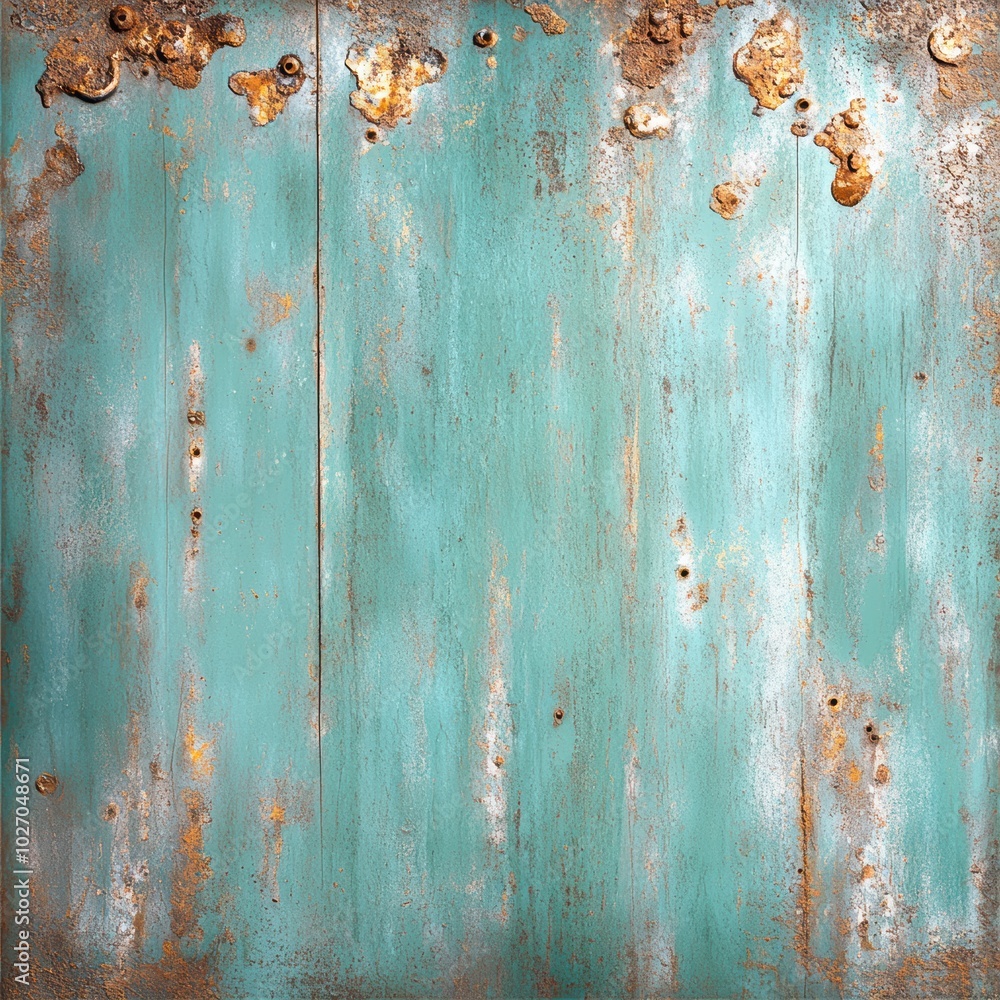 Textured rustic wall with turquoise paint and rust accents, perfect for backgrounds or vintage-inspired designs.