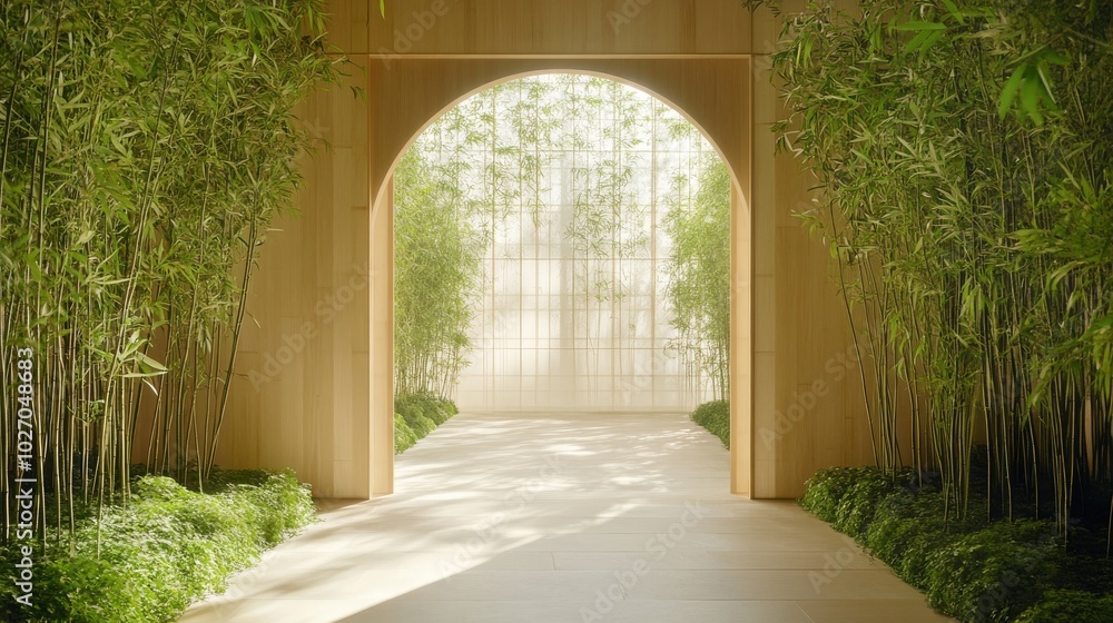 Fototapeta premium Wooden Doorway Leading to a Pathway Through a Bamboo Grove