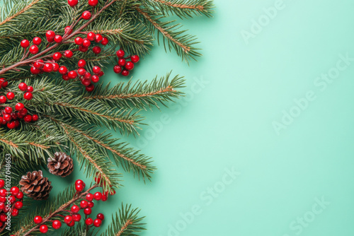 Festive holiday arrangement of pine branches and berries on a mint backdrop