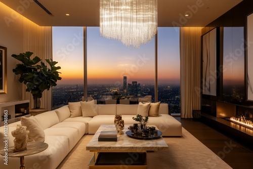 夕景と都市の夜景を望むラグジュアリースイートルーム | Luxurious Suite with Sunset and City Skyline View photo