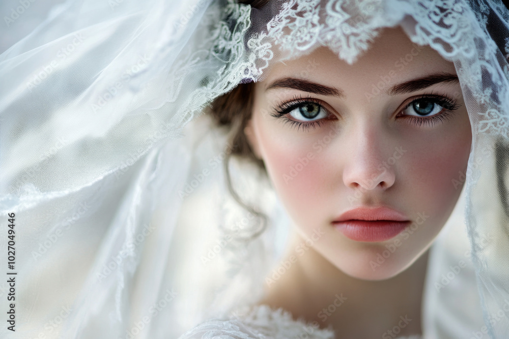 A bride in delicate lace veil gazes softly during serene outdoor ceremony A bride in delicate lace veil gazes softly during serene outdoor ceremony