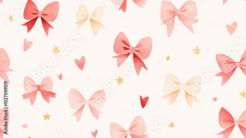 Delicate watercolor Christmas bows in light red and gold create festive and cheerful pattern, perfect for holiday decorations and gift wrapping