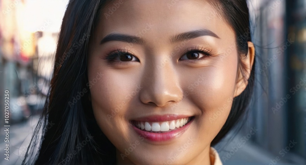 Portrait of a smiling Asian woman, smooth skin, dark eyes, silky black hair Portrait of a smiling Asian woman, smooth skin, dark eyes, silky black hair