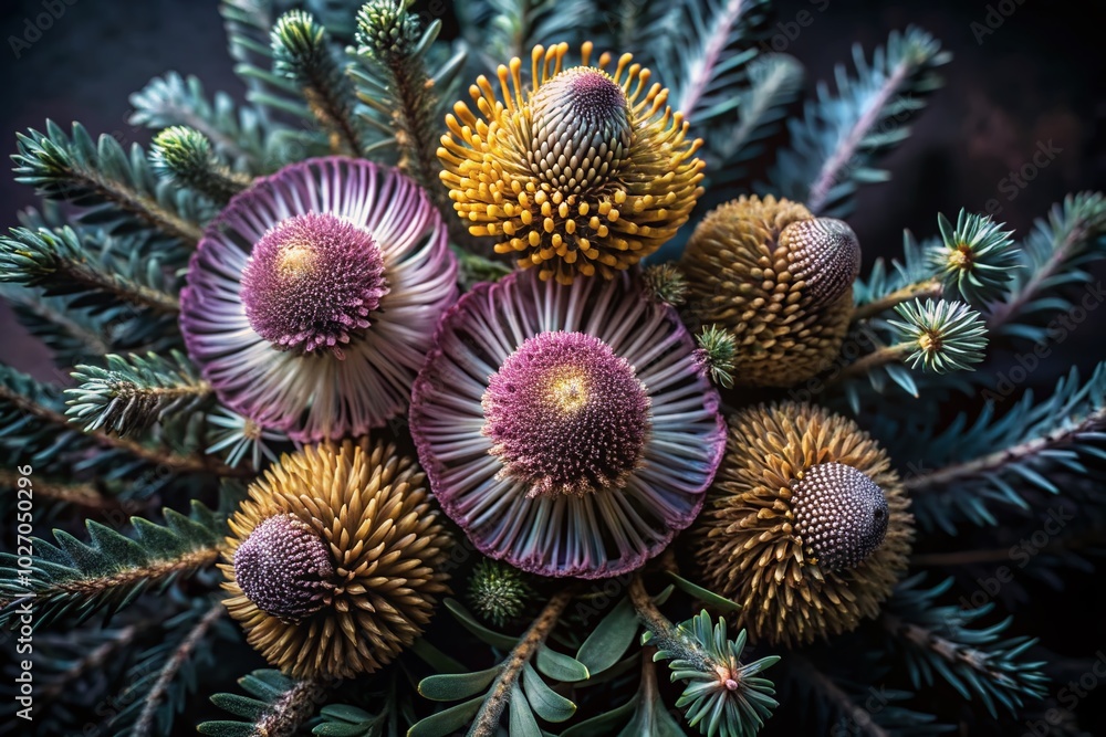 Surreal Banksia Flowers in Pink, Purple, and Yellow on White Background for Dreamy Aesthetic Surreal Banksia Flowers in Pink, Purple, and Yellow on White Background for Dreamy Aesthetic