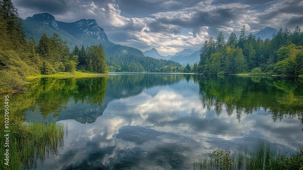 Fototapeta premium Tranquil Lake Reflection Amidst Mountain Landscape