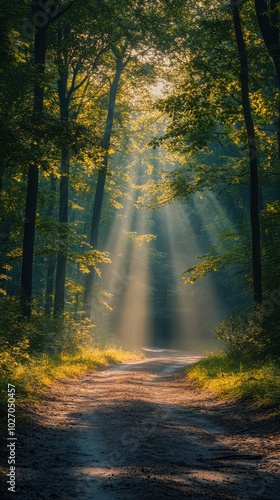 Forest Road Illuminated by Sunrays