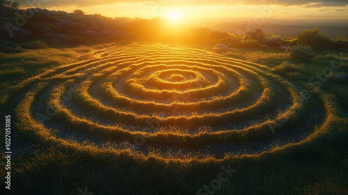 A circular pattern of cut grass in a field, creating a spiral design, illuminated by the setting sun.