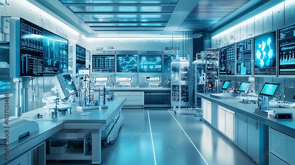 Modern laboratory featuring essential equipment and multiple monitoring screens.