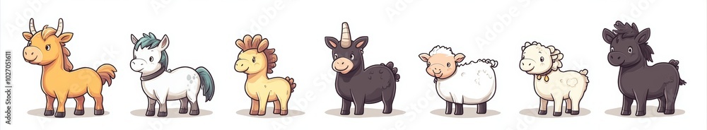 Cartoon Illustration of a Cute Cow, Horse, Unicorn, Goat, and Sheep Standing in a Row. Cartoon Illustration of a Cute Cow, Horse, Unicorn, Goat, and Sheep Standing in a Row.