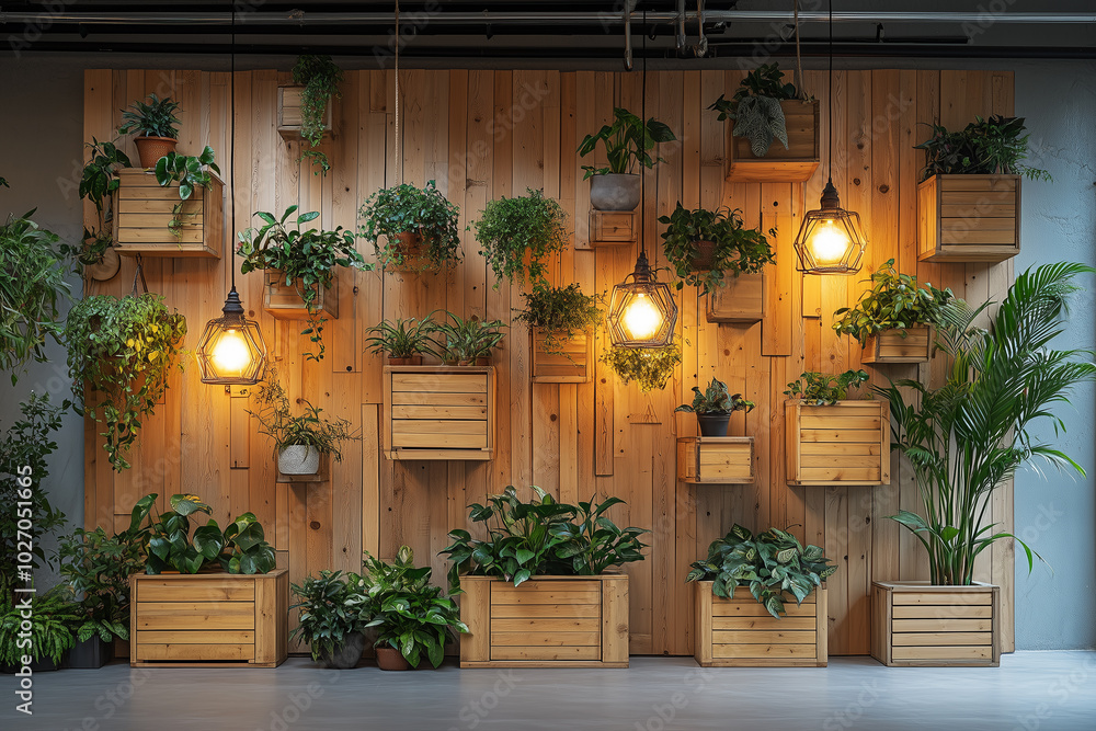 An innovative use of vertical space with wooden planters and strategic lighting creates a dynamic and lively interior environment. perfect for any living space, rustic, interior design, home decor An innovative use of vertical space with wooden planters and strategic lighting creates a dynamic and lively interior environment. perfect for any living space, rustic, interior design, home decor
