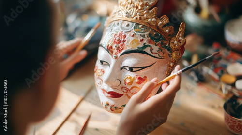 Creating description and keywords for imageA person is carefully painting colorful Phi Ta Khon mask, showcasing intricate details and vibrant colors. artistic process reflects creativity and cultural photo