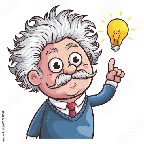 cartoon illustration of a scientist with wild white hair and a mustache