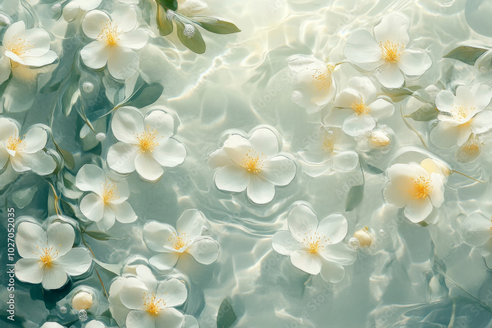 Fototapeta premium Delicate white flowers floating on calm water during a sunny afternoon