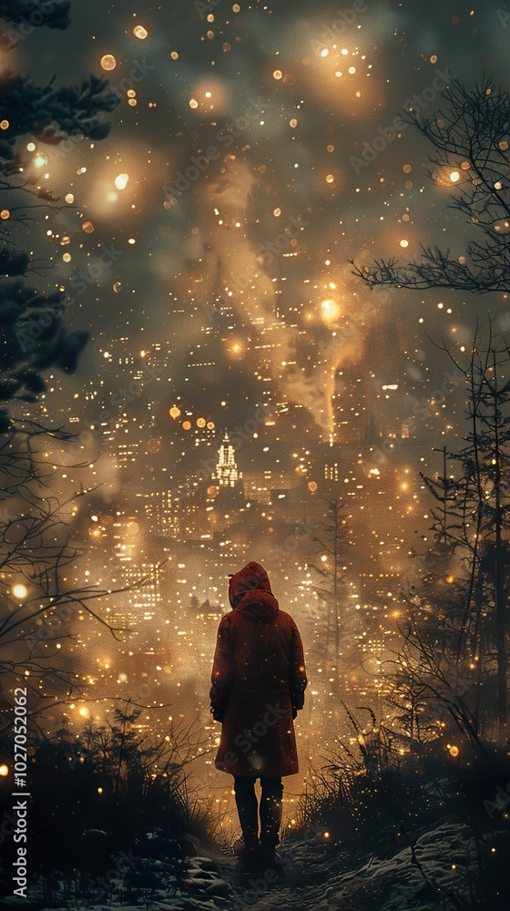A Solitary Figure Gazes at the Distant City Lights A Solitary Figure Gazes at the Distant City Lights