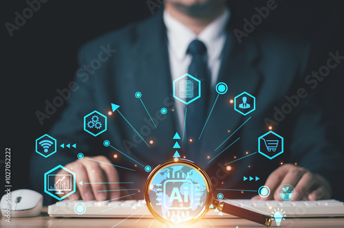 Businessman Searching for information in technology with AI systems concept, Businessman hand holding magnifying glass, chat and AI search engine for data by connect to global internet network. photo