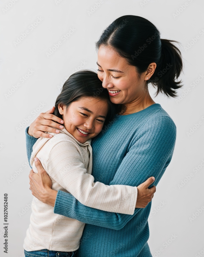 a mother hugging child warmly on plain white background a mother hugging child warmly on plain white background