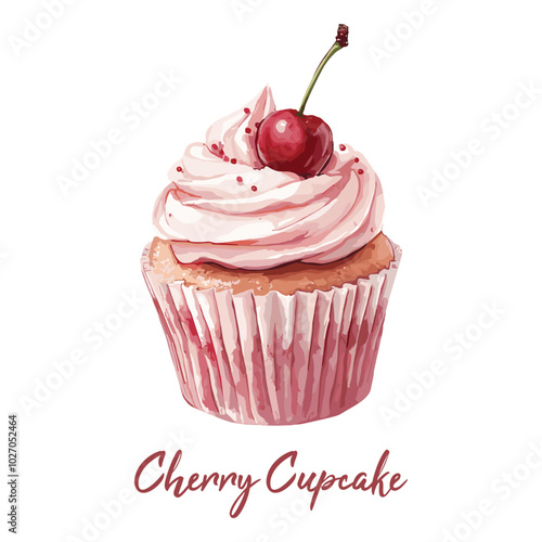 cherry cupcake in watercolor illustration style, isolated vector on white background
