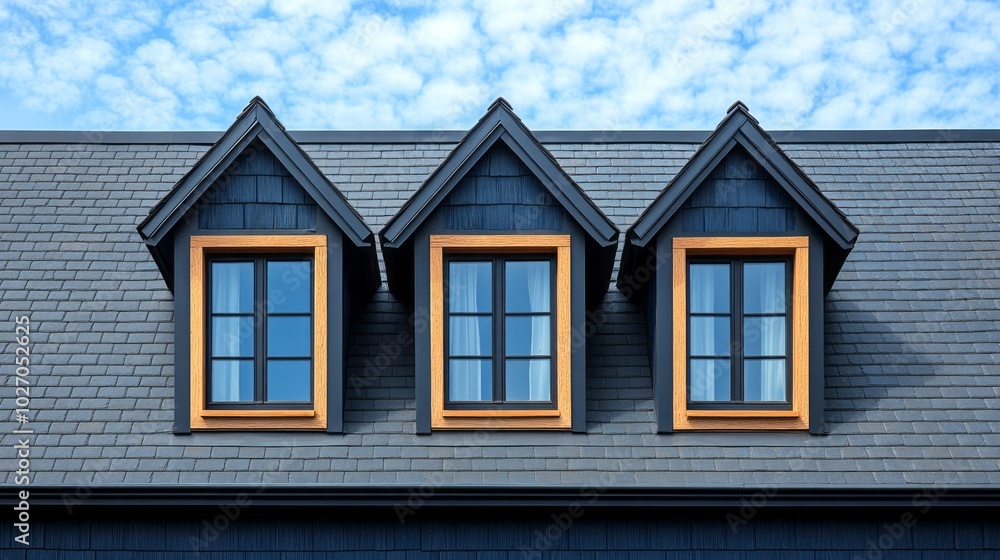 Three windows on a house with a blue roof Three windows on a house with a blue roof
