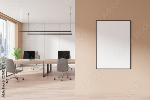 Coworking interior with pc computers and panoramic window. Mockup frame