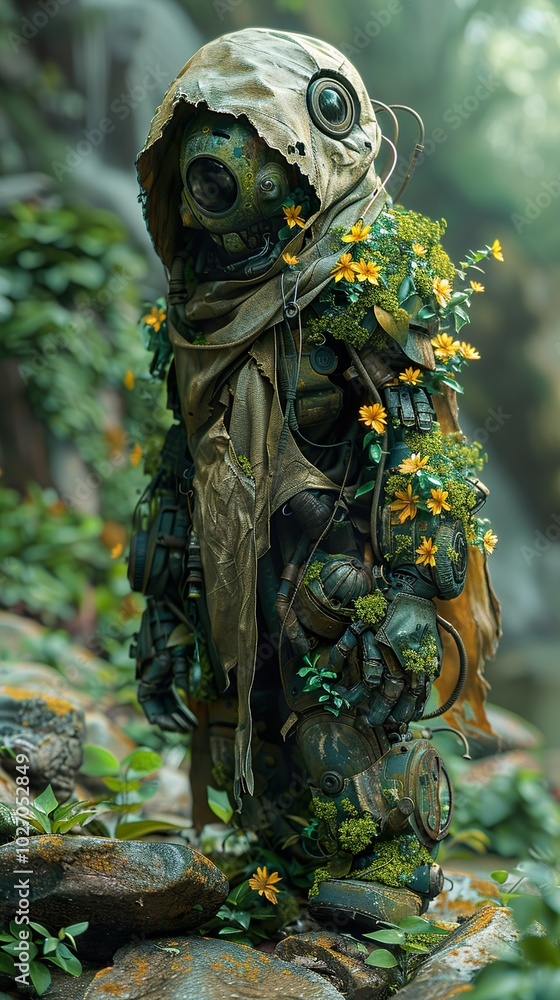 Fototapeta premium Biomechanical Robot in a Lush Forest: A Surreal Fusion of Nature and Technology