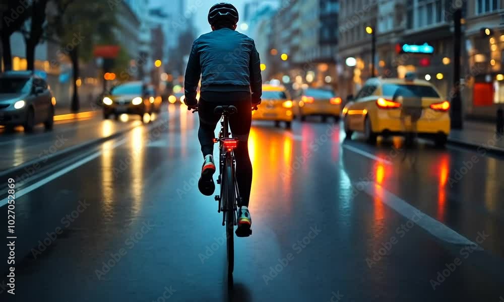 A cyclist rides through a vibrant, illuminated city street at night. A cyclist rides through a vibrant, illuminated city street at night.