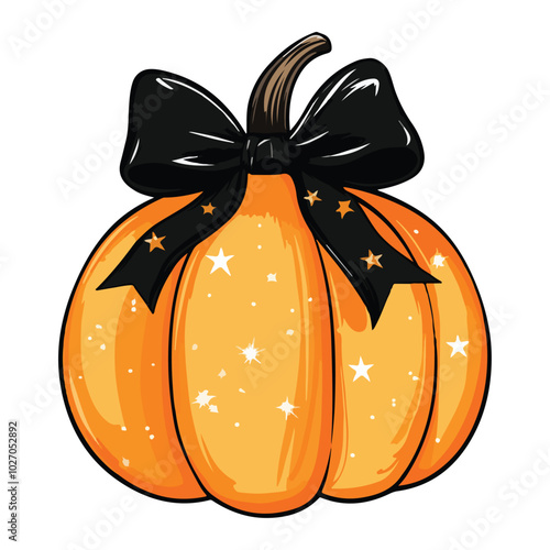 A pumpkin with a black glittery bow