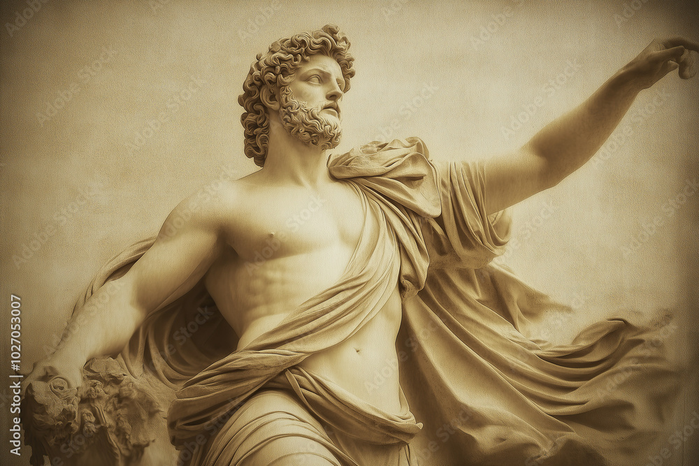 Naklejka premium statue of ancient man with curly hair and raised arm, floating fabric, monochrome background, photorealistic