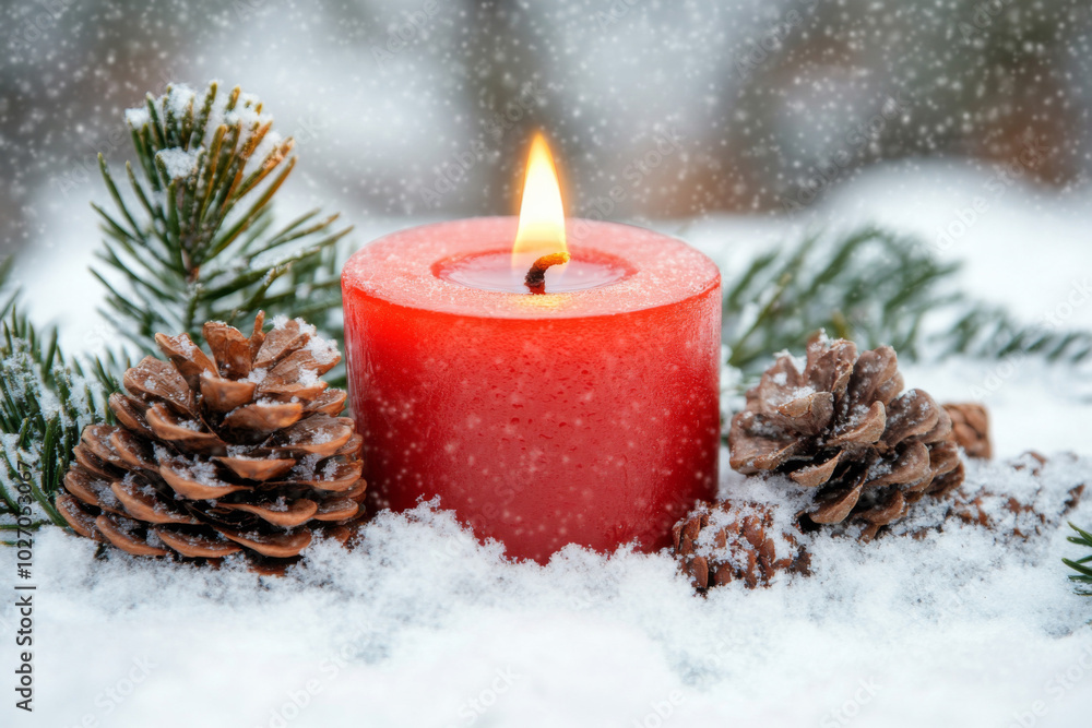 A serene winter scene featuring a red candle amidst snow and pinecones A serene winter scene featuring a red candle amidst snow and pinecones
