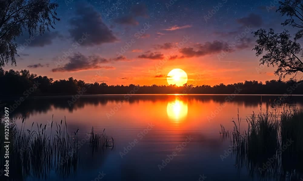A serene sunset over a calm lake, reflecting vibrant colors. A serene sunset over a calm lake, reflecting vibrant colors.