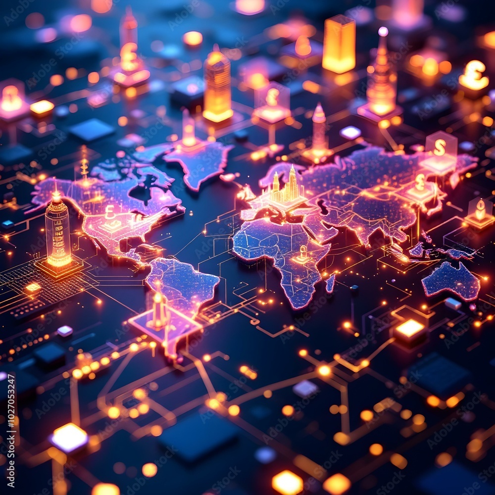 Futuristic 3D Glowing World Map with Financial Hubs and Global Trade Symbols – Stock Market & Digital Economy Illustration Futuristic 3D Glowing World Map with Financial Hubs and Global Trade Symbols – Stock Market & Digital Economy Illustration