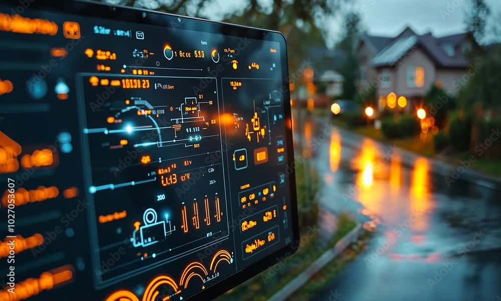 Digital interface displaying data against a blurred urban backdrop. Digital interface displaying data against a blurred urban backdrop.