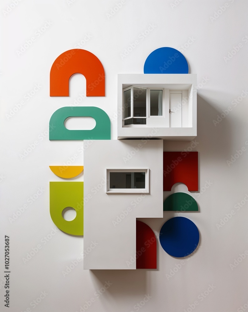 Fototapeta premium a postmodern architecture house with playful shapes on plain white background