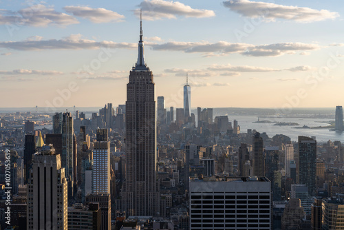 New York City skyline with iconic buildings at sunset light.