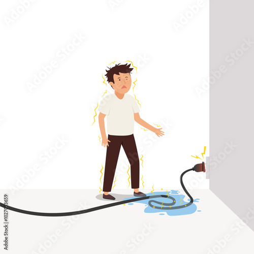 Young man get electrocuted from wet plug, Electric shock plug, Do not plug it danger. Wet plug is dangerous damaged.