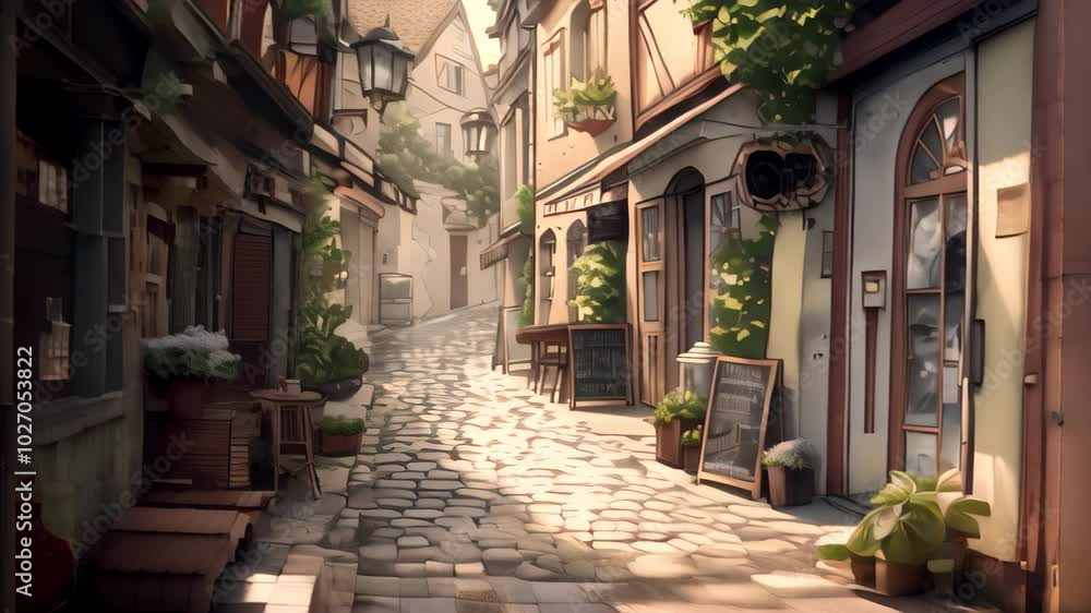A charming, sun-drenched alleyway lined with cobblestones and quaint shops, Draw a cozy, cobblestone alleyway lined with quaint shops and cafes A charming, sun-drenched alleyway lined with cobblestones and quaint shops, Draw a cozy, cobblestone alleyway lined with quaint shops and cafes