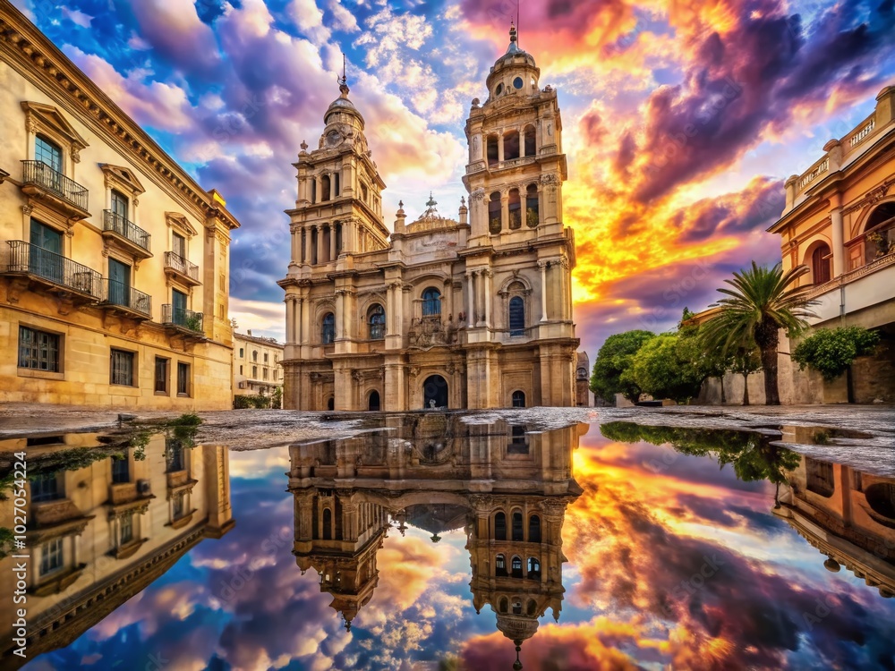 Naklejka premium Surreal Malaga Cathedral Tower in Dreamy Landscape – Artistic Photography