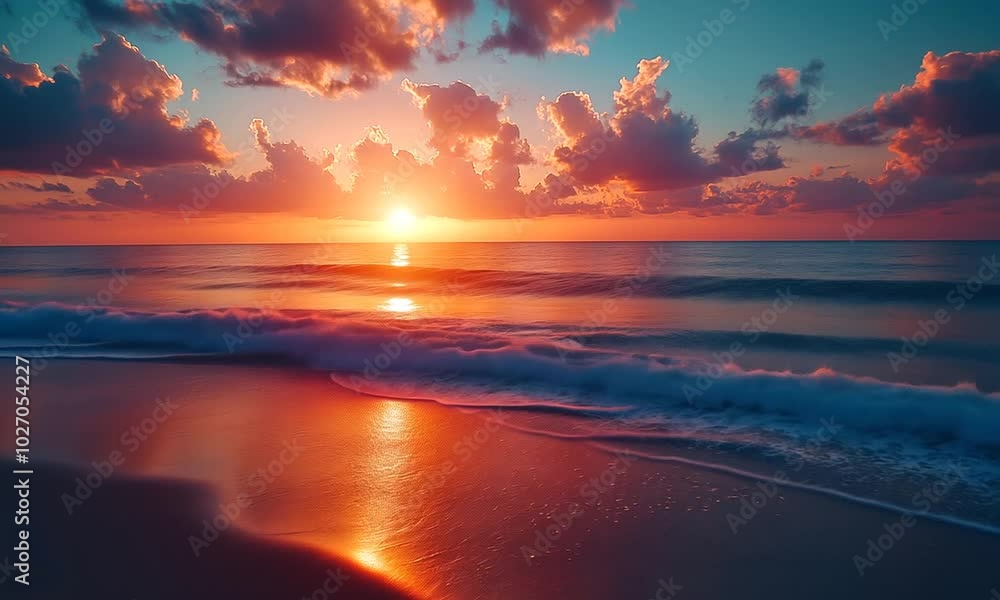 Serene sunset over the ocean with colorful clouds and gentle waves. Serene sunset over the ocean with colorful clouds and gentle waves.