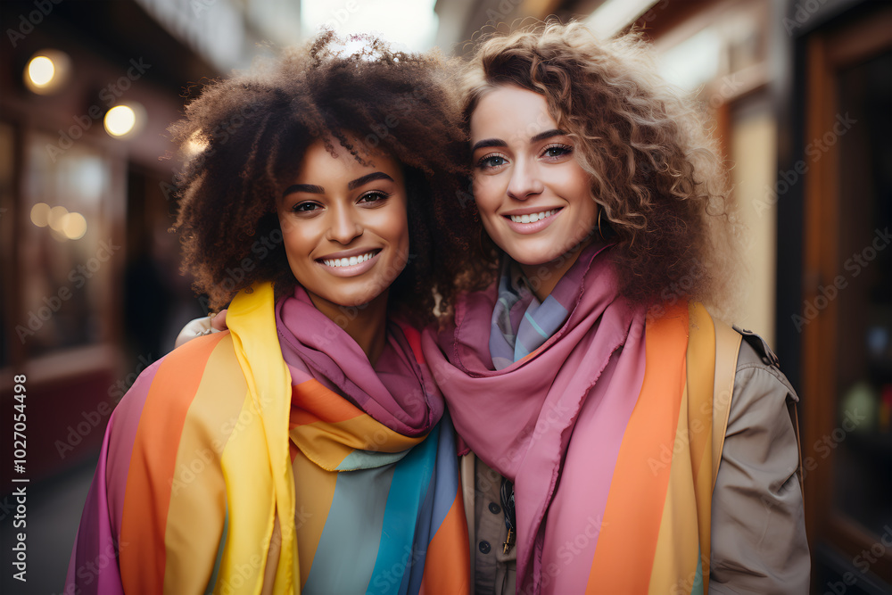 Young lesbian couple celebrating their love. They are hugging and smiling while holding rainbow flag Young lesbian couple celebrating their love. They are hugging and smiling while holding rainbow flag