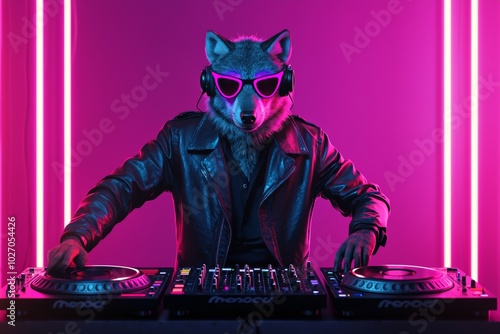 DJ wolf wearing sunglasses and headphones mixing music at a neon-lit DJ booth. This image is a fun, surreal take on nightlife, music, and entertainment, perfect for party or festival-related visuals. photo