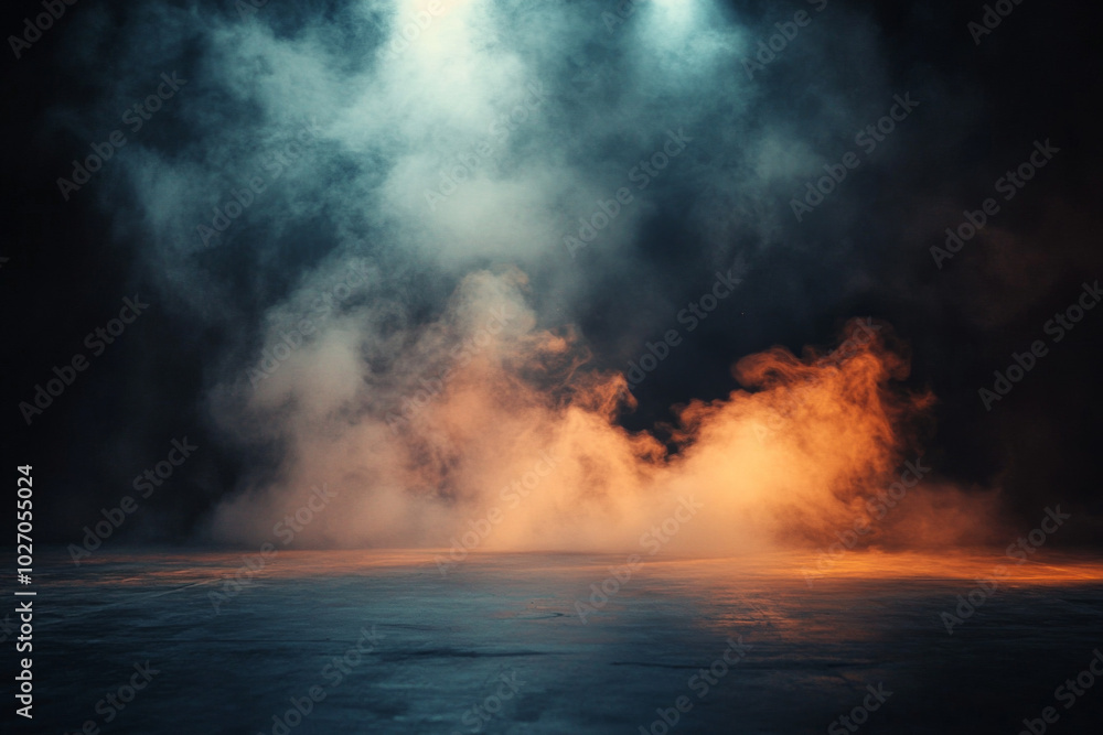 Mysterious smoke swirling under dramatic lighting in a dark environment Mysterious smoke swirling under dramatic lighting in a dark environment