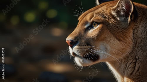 a majestic cougar, its piercing eyes, and golden brown fur convey an impression of strength and wildness. The dense undergrowth around the cougar adds mystery and attraction. photo