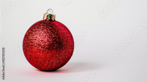 vibrant red Christmas ornament glistens with sparkles, perfect for festive decorations. Its shiny surface reflects light beautifully, adding cheerful touch to holiday celebrations