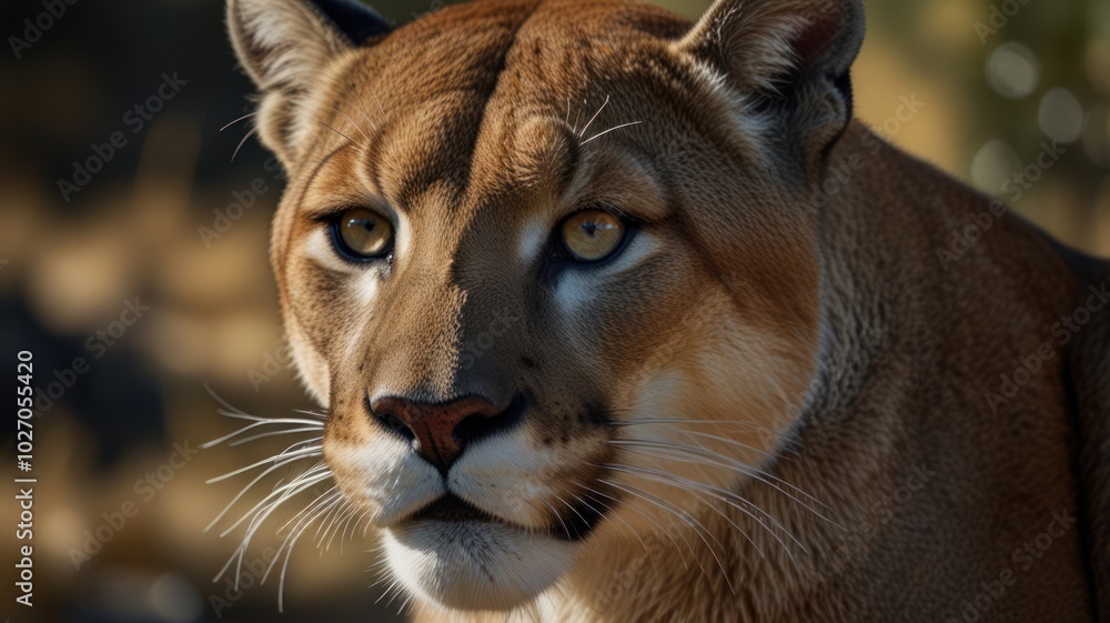 Naklejka premium a majestic cougar, its piercing eyes, and golden brown fur convey an impression of strength and wildness. The dense undergrowth around the cougar adds mystery and attraction.