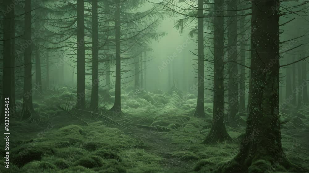 A misty forest path winds through tall trees, creating an eerie and mysterious atmosphere, Eerie mist creeping through a haunted forest A misty forest path winds through tall trees, creating an eerie and mysterious atmosphere, Eerie mist creeping through a haunted forest