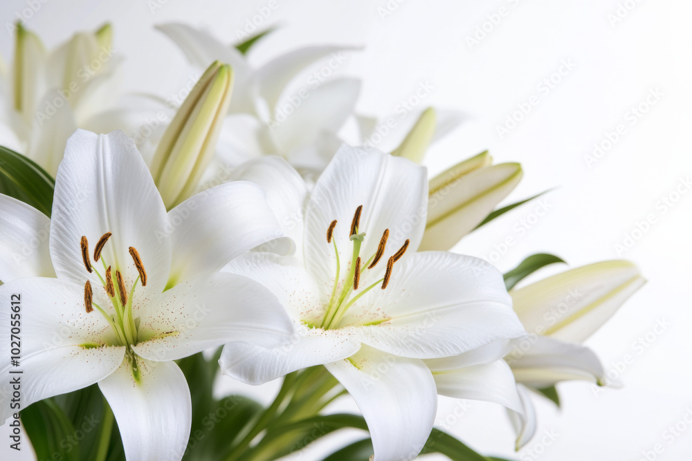 A bouquet of white lilies in full bloom against a soft background A bouquet of white lilies in full bloom against a soft background